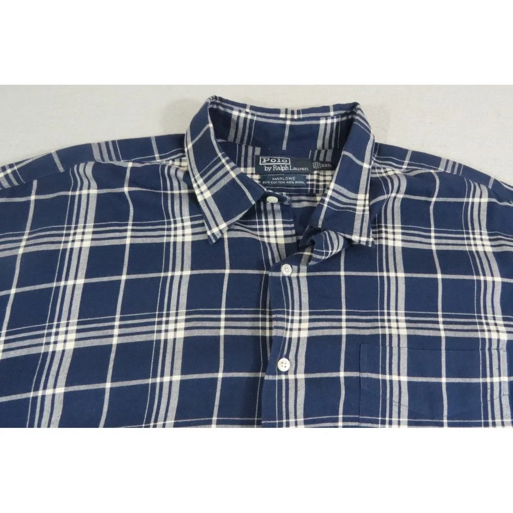 Polo Ralph Lauren Marlowe Plaid Button Shirt Cotton Wool XXL Navy White Men's LS